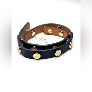 Tory Burch Navy and Tan Double Wrap Logo Stud Bracelet